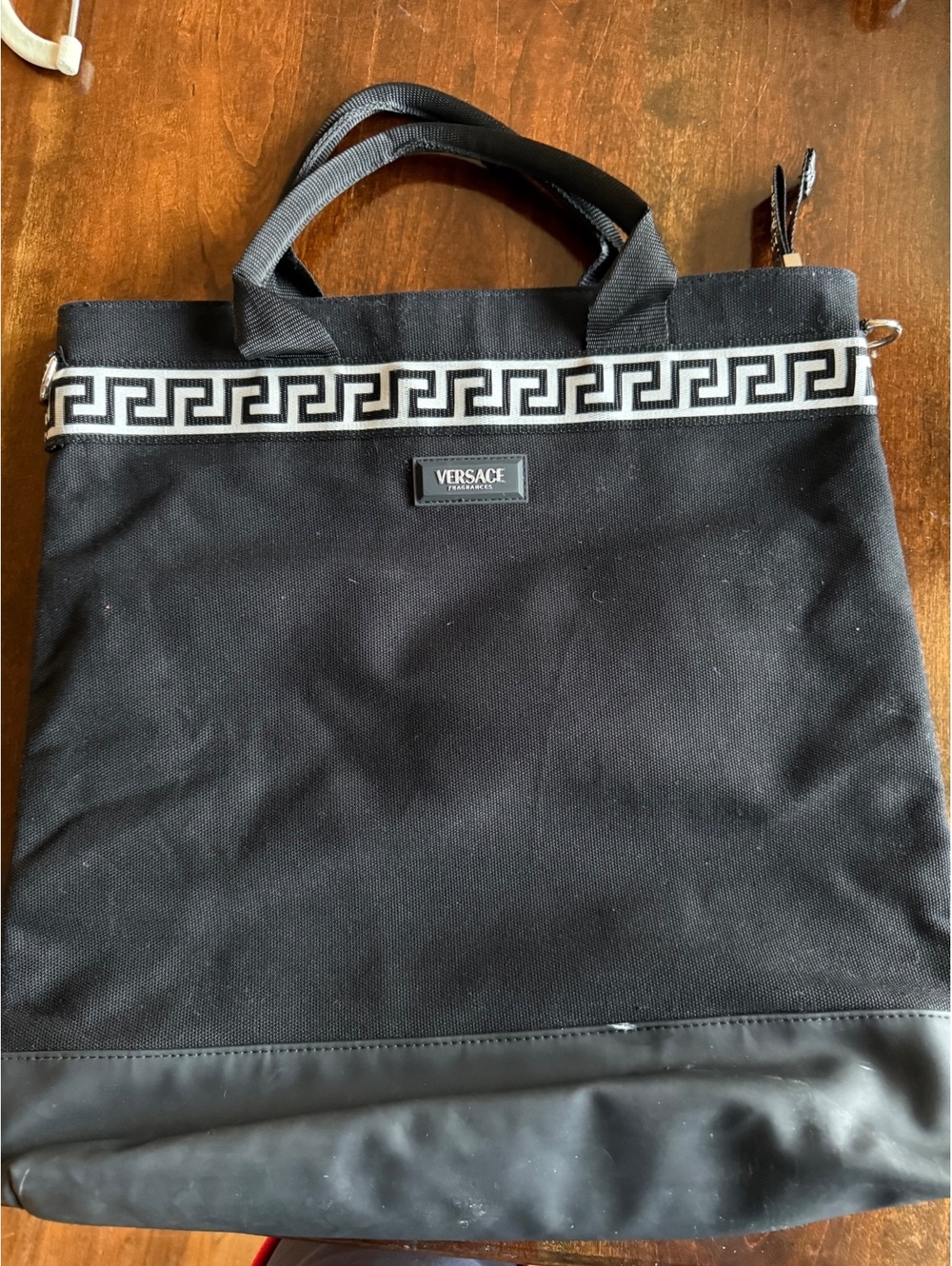 Versace Fragrances Black Tote Bag with Greek Key Pattern
